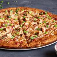 Spicy Mother Clucker (Large) · Mozzarella blend, pickled red onions, roasted chicken, sriracha, spicy aioli, scallions
