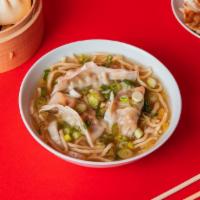 Dumpling Noodle Soup · Our signature broth with steamed dumplings and lo mein noodles.
