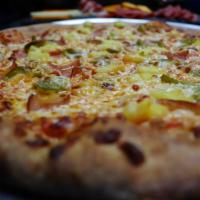 Hot Hawaiian Pizza · Red sauce, mozzarella, ham, pineapple and jalapenos.