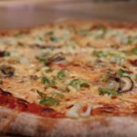 Very Veggie Pizza · Red sauce, mozzarella, green peppers, roasted onions, and mushrooms.