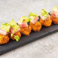 Causa Crocante de Tuna · Lightly fried causa with tuna nikkei ceviche and sweet and sour sauce.