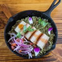 Arroz Norteno con Porkbelly · Porkbelly with sweet and sour sauce, green rice made with cilantro and garlic and Peruvian y...