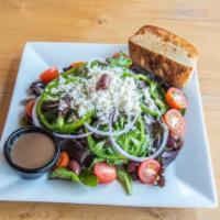 Greek Salad · Mixed Greens, tomatoes, red onions, bell peppers, kalamata olives, feta cheese and balsamic ...