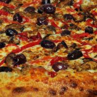 Roasted Eggplant Pizza · Eggplant, roasted red peppers and kalamata olives with mozzarella and sun-dried tomato pesto...