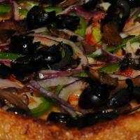 Veggitariano Pizza · fresh tomato, mushrooms, green peppers, red onions, black olives, mozzarella cheese with tom...
