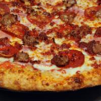 Meatlovers Pizza · Tomato sauce, mozzarella cheese, pepperoni, bacon, ham, Italian sausage.