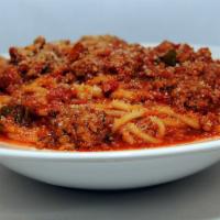 Spaghetti with Meat Sauce · Homemade marinara and ground beef sauce served over pasta.