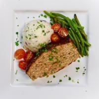 BBQ-Glazed Turkey Meatloaf · Lean BBQ-glazed turkey meatloaf over mashed red bliss potatoes with steamed and seasoned gre...