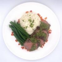 Chimichurri Steak · Herb seasoned grilled steak over a bed of white rice, served alongside steamed green beans, ...