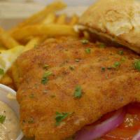 Crispy Cod Sandwich · 4 oz cod hand breaded, bun, WTF sauce, cole slaw, tomato, red onion, side of pickles and cho...