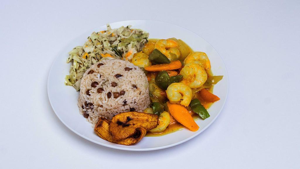Shrimp · Served with white rice or rice and peas with steamed veggies or salad and sweet plantains 