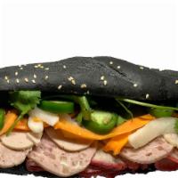 C1. House Special CHARCOAL BREAD · Pork belly, headcheese, pork roll, cucumber, pickle carrot and daikon, chili pepper, onion, ...