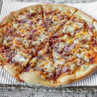 BBQ Chicken Pizza · Chicken, bacon, red onion, BBQ sauce, and cheddar cheese.