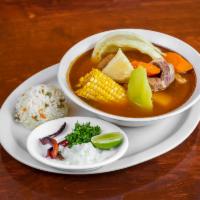 Caldo de Res · Beef shank and vegetables soup.
