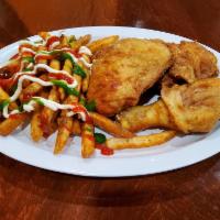 Pollo Con Papas · 3 peaces Deep fried chicken with fries.