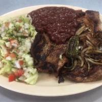 Carne Asada Plate · Broiled steak. Servido con arroz, frijoles, tortillas y ensalada - served with rice, beans, ...