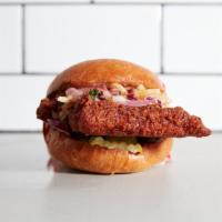 Fried Chicken Sandwich · Celery, housemade apple slaw, mayo, and pickles on a bun. Add extras for an additional charge.