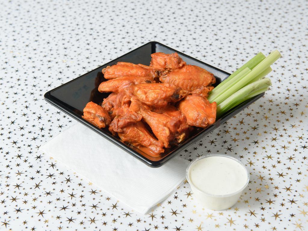 The Birds · A Hitchcock-sized helping of jumbo bird wings dipped in your choice of sauce. With bleu cheese or ranch with celery.