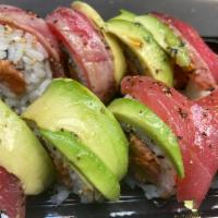Luffy roll · Spicy tuna, jalapeño, and tempura asparagus with avocado, seared ahi, and garlic butter on top
