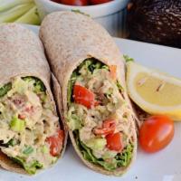 Tuna Wrap · Chickpea tuna, vegan mayo, carrots, celery, red onion on a whole wheat wrap.