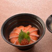 Salmon and Ikura Don · Limited time Discount !!
Scottish salmon sashimi and ikura caviar on sushi rice.