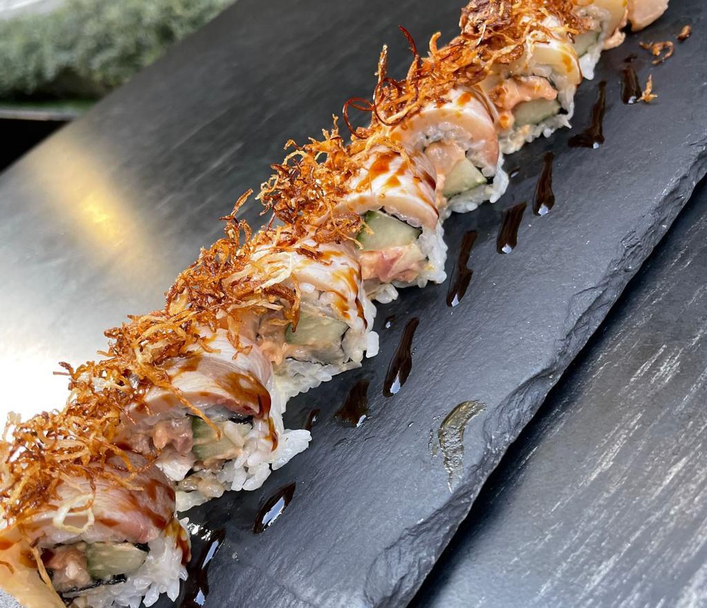 Spicy Crunch yellowtail · Seared Yellowtail on Jalapeno spicy yellowtail roll. 