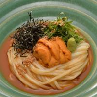 Cold Uni Udon  · Fresh Uni, Shiso Tempura flake with savory Uni sauce