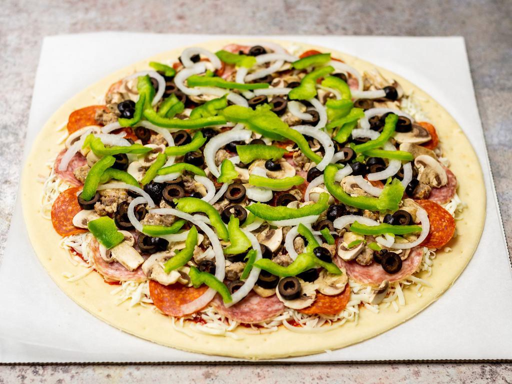 Combo Supreme Pizza · Salami, pepperoni, sausage, mushroom, olive, onions and bell peppers.