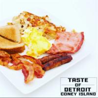 Lions Breakfast · 2XL eggs, 3 bacon or sausage, hash brown or grits , toast ＆ jelly.