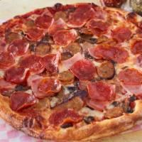 The Village Thin Crust Pizza · Pepperoni, Italian sausage, smoked ham and sauteed mushrooms.