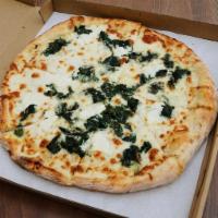 Bianca Thin Crust Pizza · Garlic cream sauce, ricotta cheese and sauteed spinach.