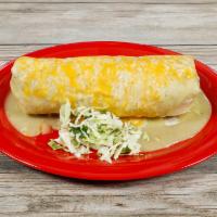 Santa Cruz Burrito · Your choice of meat, rice, refried beans, cheese, cabbage and salsa topped with green enchil...