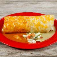 Bandera Burrito · Your choice of meat, rice, refried beans, lettuce and salsa fresca topped with red and green...