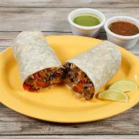 BOBBY’S Burrito · Flour tortilla stuffed with chicken breast or carne asada, red and green bell peppers and sl...