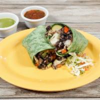 Vegan Burrito · Spinach tortilla stuffed with sauteed mushrooms, zucchini, cauliflower, broccoli, carrots, b...