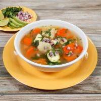 Caldo de Pollo (Chicken Soup) · Homemade Chicken Soup! with carrots, potatoes, zucchini, cilantro and a scoop of rice. Cilan...