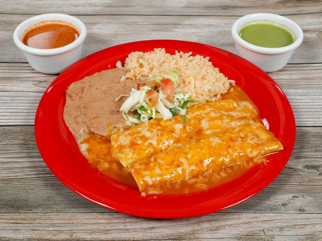 Enchilada Plate · A rolled corn tortilla with your choice of meat,cheese filling and topped with red enchilada sauce and cheese.