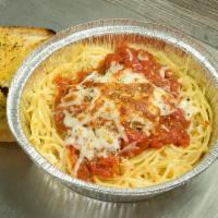 Spaghetti with Meatballs · Served with side of garlic bread.
