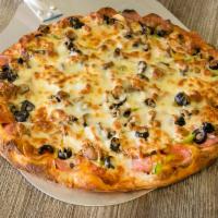 Supreme Gourmet Pizza · pepperoni , ham , sausage , green pepper , onions , mushroom , olives , extra chees 
