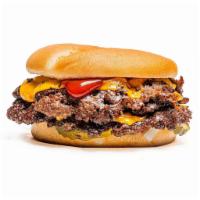Beast Style Burger · Smashed crispy beef patties with house seasoning, American cheese, pickles, diced white onio...