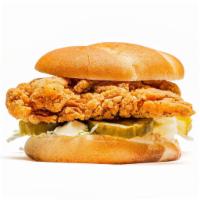 Crispy Chicken Tender Sandwich · With mayo, shredded lettuce and pickles.