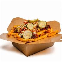 Beast Style Fries  · Seasoned crinkle fries loaded with caramelized onions, American cheese, pickles, mayo, ketch...