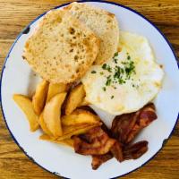 Cowboy Combo · Your choice of eggs with choice of breakfast meat & toast | Served with breakfast potato wed...