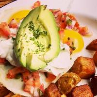 Huevos Rancheros · Your choice of egg with black beans, pico de gallo, avocado, pepper jack and sour cream on c...