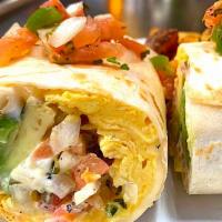 Veggie Breakfast Burrito · Scrambled egg, avocado, pepper jack, potato, tomato, sour cream, and pico de gallo
* Served ...