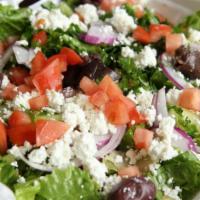 Greek Salad · Romaine hearts, cucumber, tomato, pepperoncini, feta cheese,red onion and balsamic dressing....