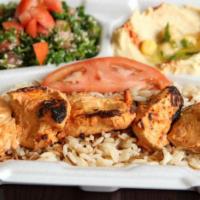 Chicken Gyro Platter · 2 skewers of chicken, Rice, hummus, Greek salad & tzatziki