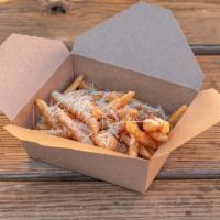 Garlic Parmesan Fries · Thick cut, battered fries tossed in pureed garlic, salt, and olive oil, topped with a combin...