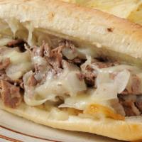 0. Philly Cheese Steak Sub · Sliced ribeye steak, grilled onions, melted white American cheese, mayo, lettuce and tomato ...