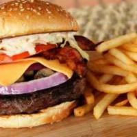 Frontera  Burger · 1/2 pound USDA Choice Angus beef topped with American cheese, sautéed mushrooms, bacon, lett...